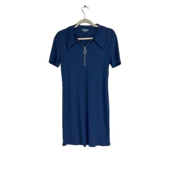 Modcloth Size M Ribbed Mini Dress Collar Neck 3/4 Zip Navy - Picture 2 of 6